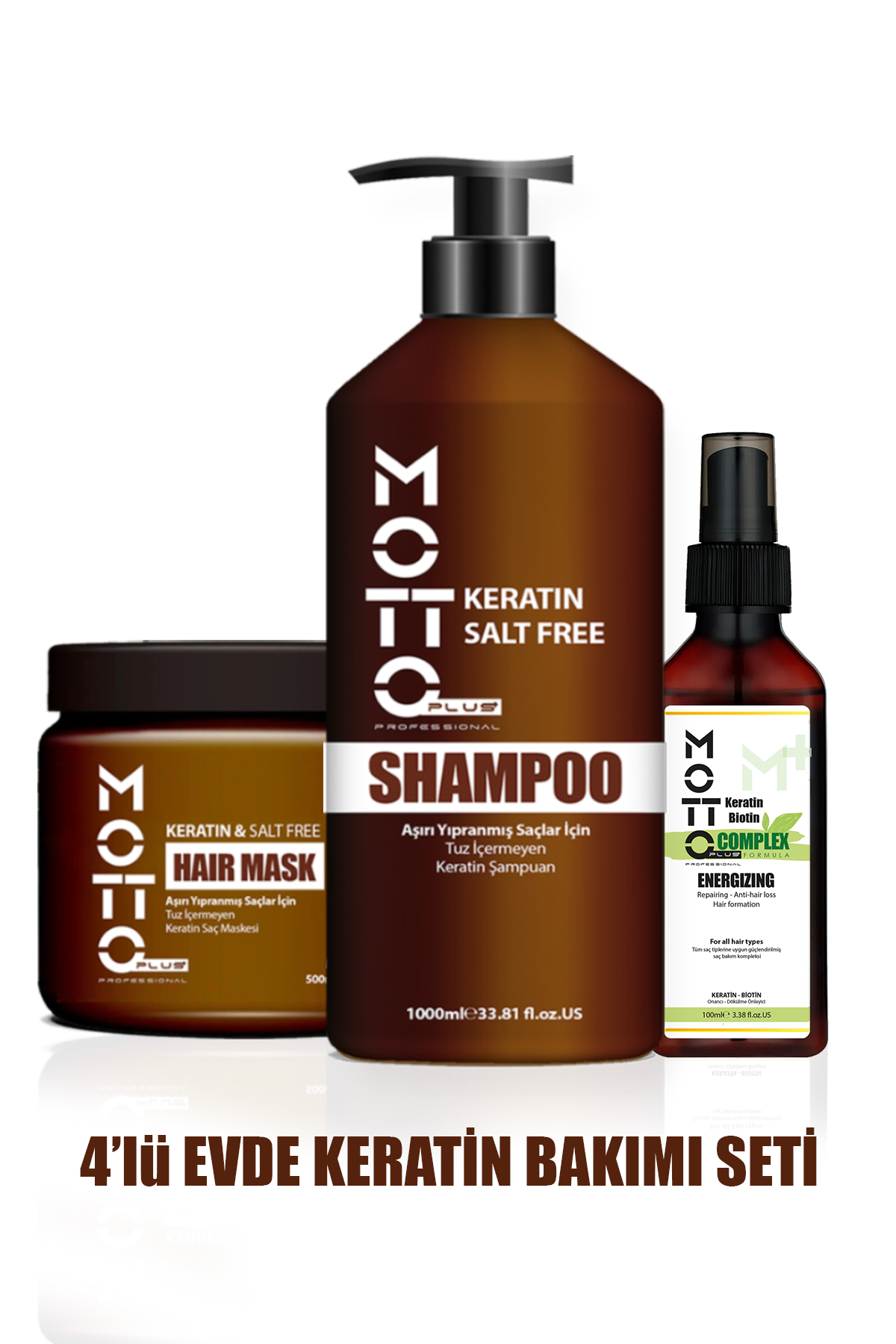 Motto Plus Professional Yavaş Uzayan-Aşırı Yıpranmış Saçlar İçin Tuzsuz Keratinli 3'lü Saç Bakım Seti